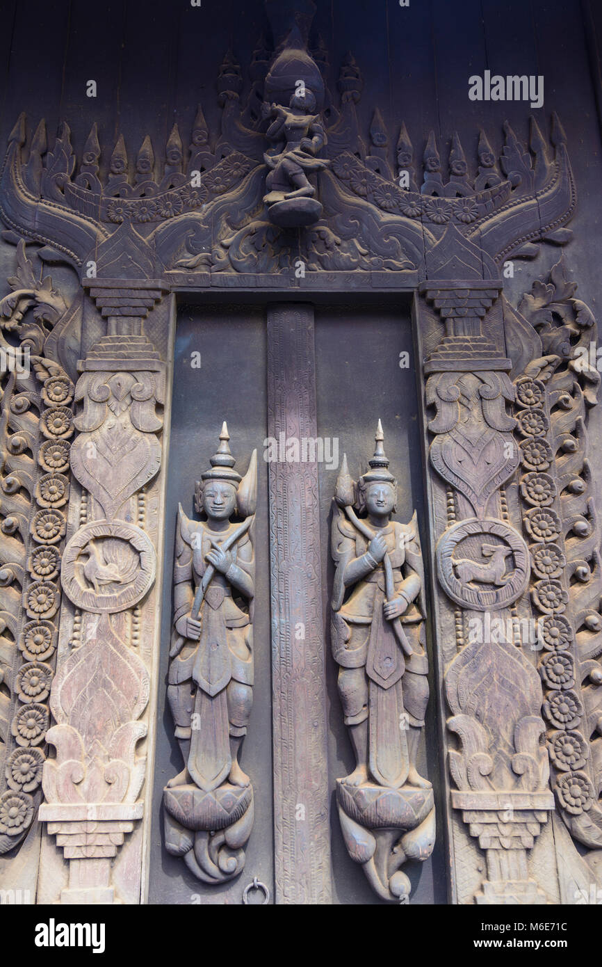 Mandalay: Shwe In Bin Kyaung teak monastery, engravings, , Mandalay ...