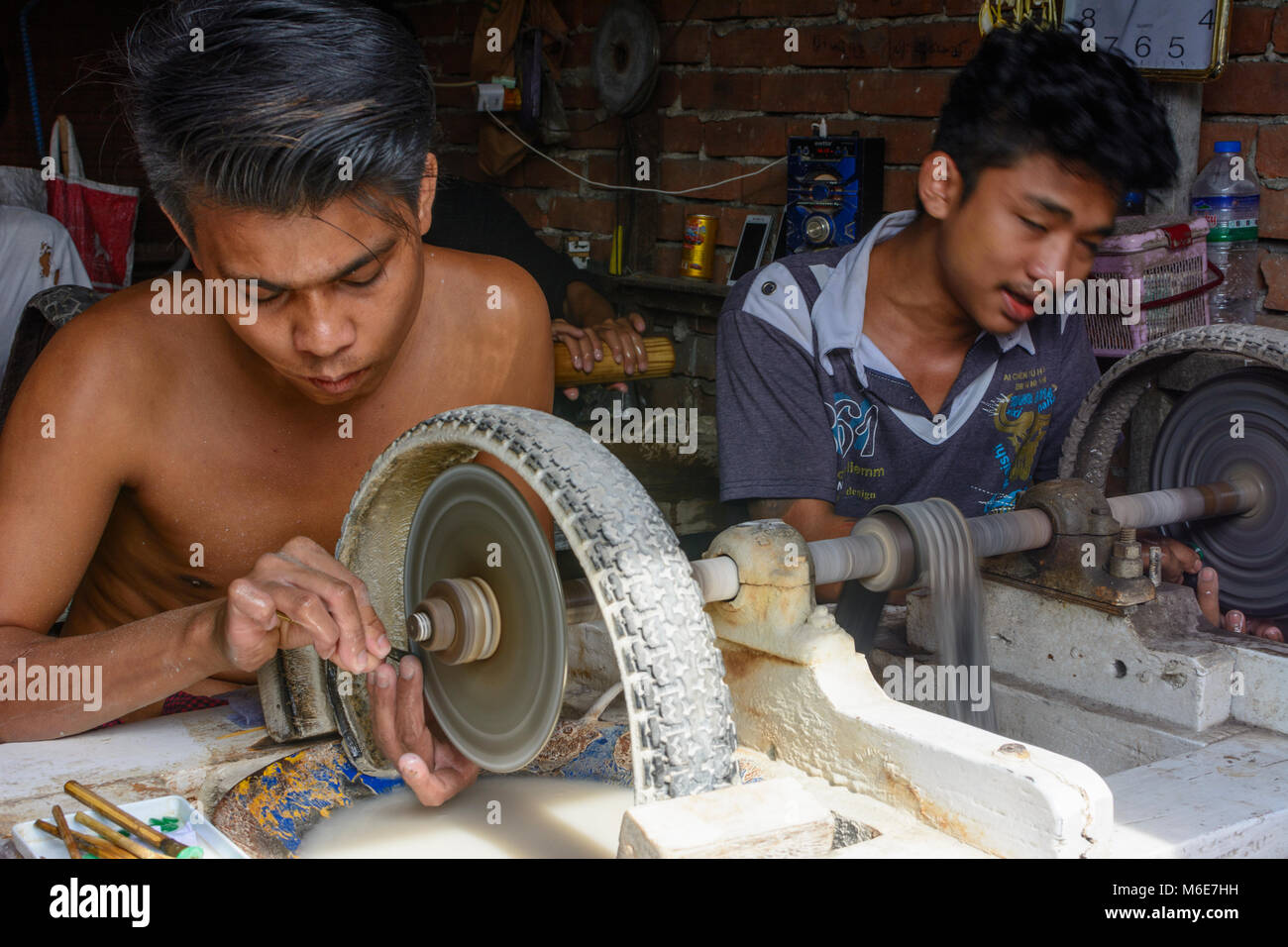 Mandalay Jade Market men polish polishing jade stones, , Mandalay