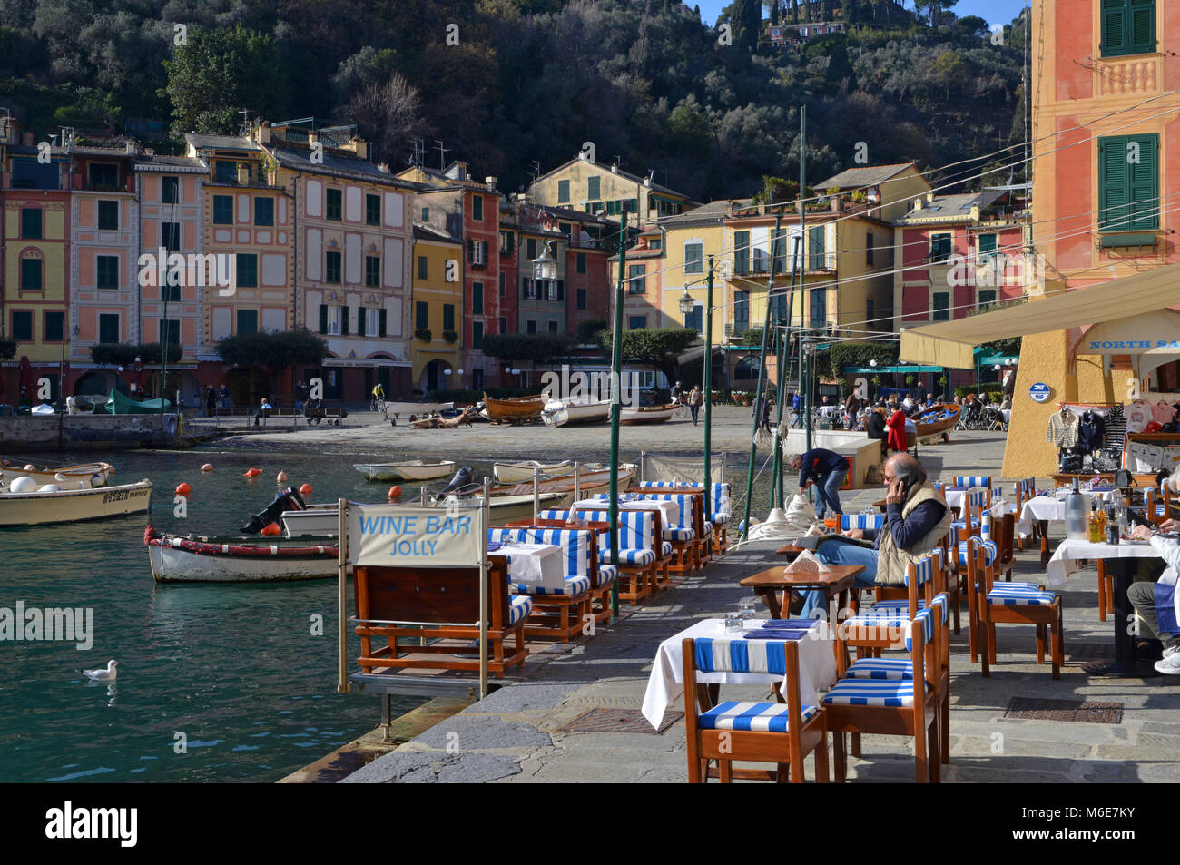 Restaurant table by the sea, Portofino, Italy Stock Photo