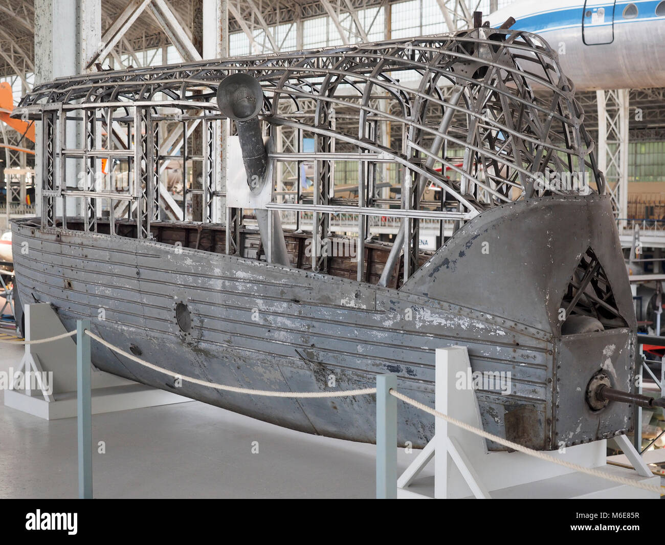 interior passenger compartment frame of antique dirigible zeppelin on display at Royal Museum of Armed Forces Military History in Brussels Belgium Stock Photo
