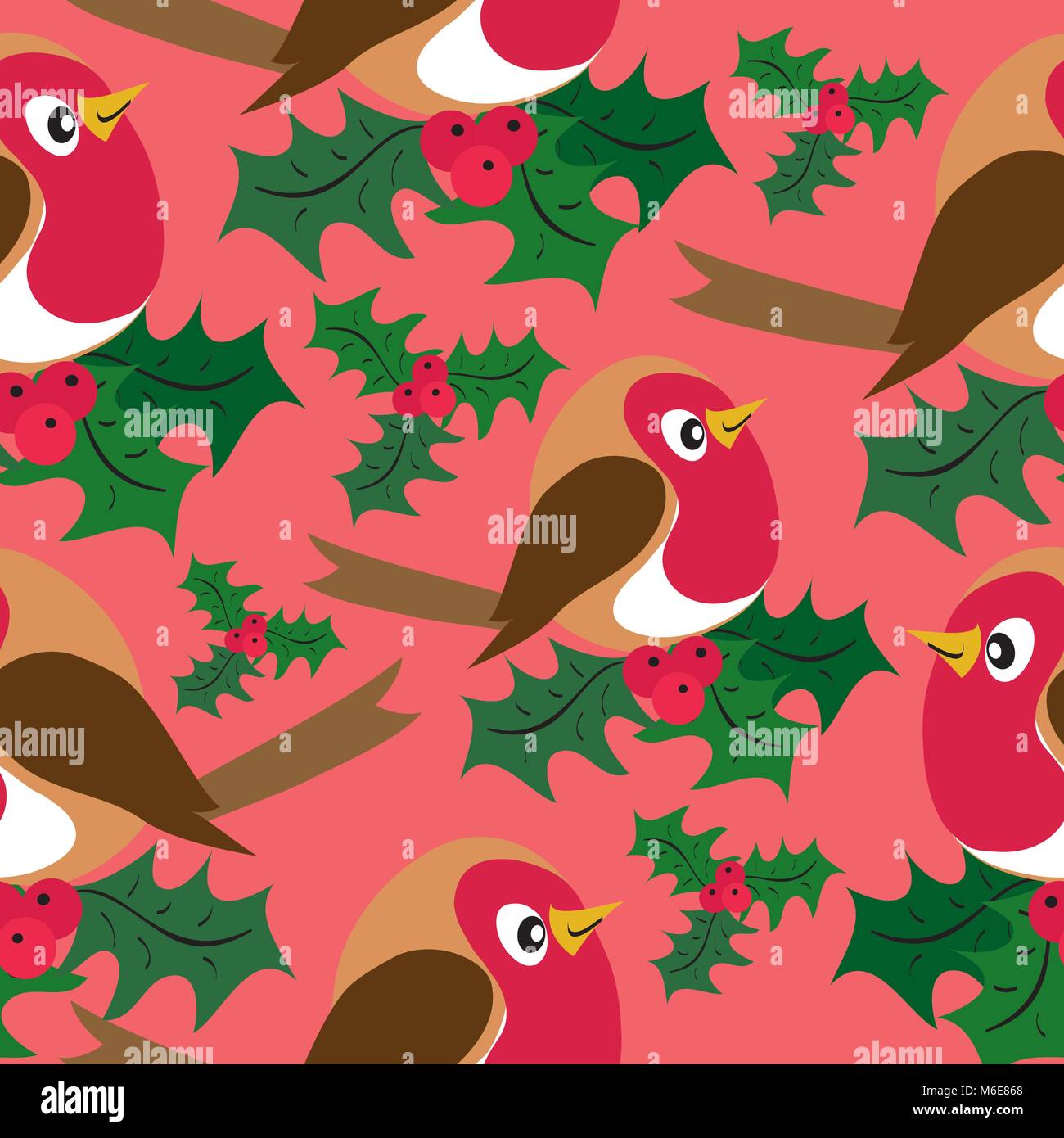 Robons in holly tree vector seemless pattern on red Stock Vector
