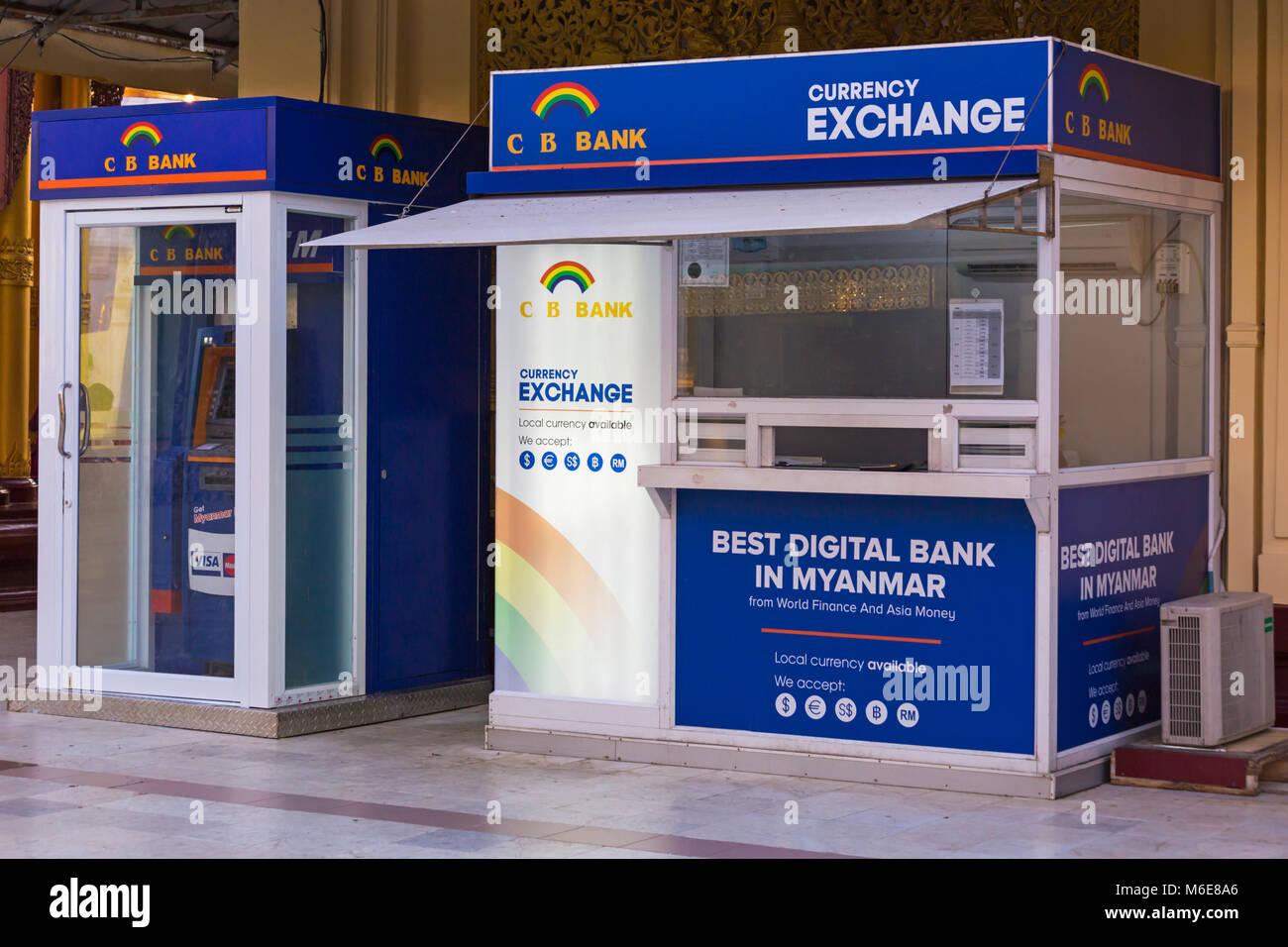 C B Bank currency exchange best digital bank in Myanmar booth kiosk at Shwedagon Pagoda, Yangon, Myanmar (Burma), Asia in February Stock Photo