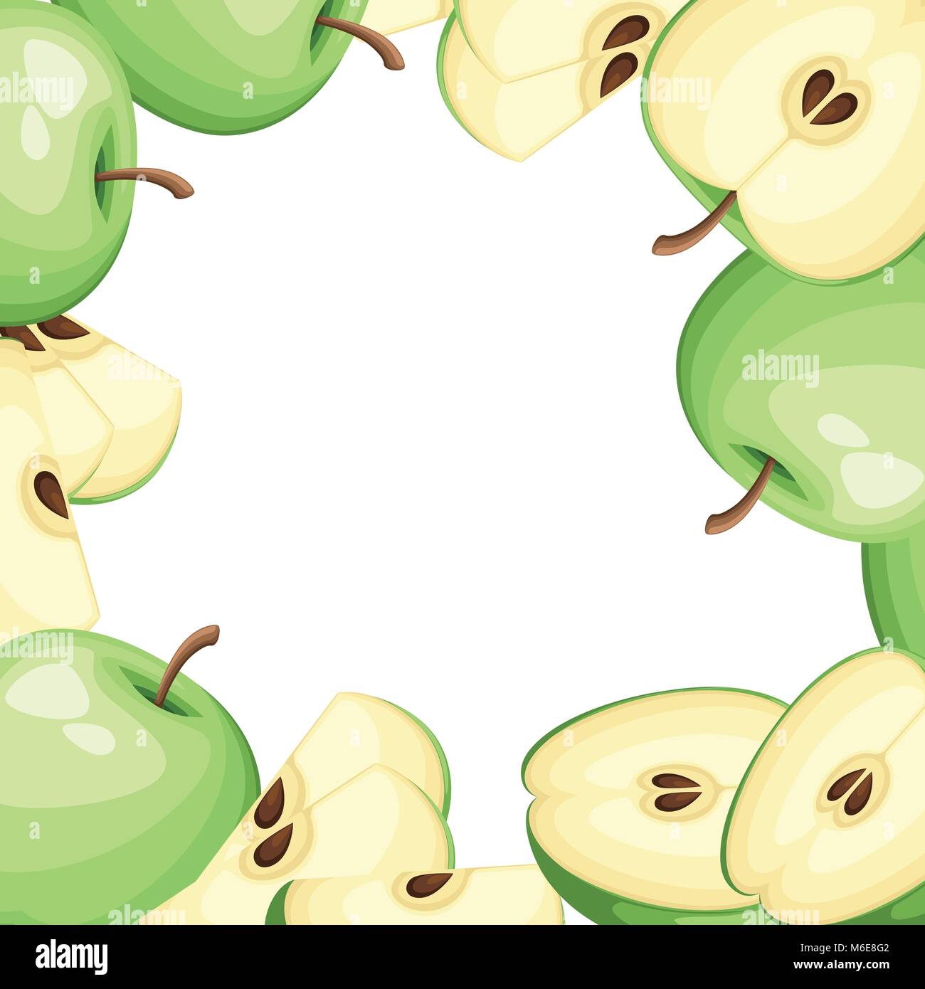 Pattern of apple and slices of apples. Vector illustration with empty space for decorative poster, emblem natural product, farmers market. Website page and mobile app design Stock Vector
