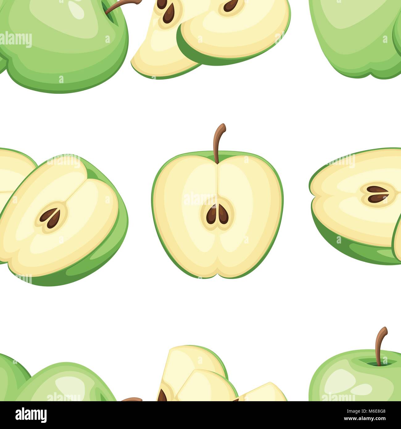 Seamless pattern of apple and slices of apples. Vector illustration for decorative poster, emblem natural product, farmers market. Website page and mobile app design Stock Vector