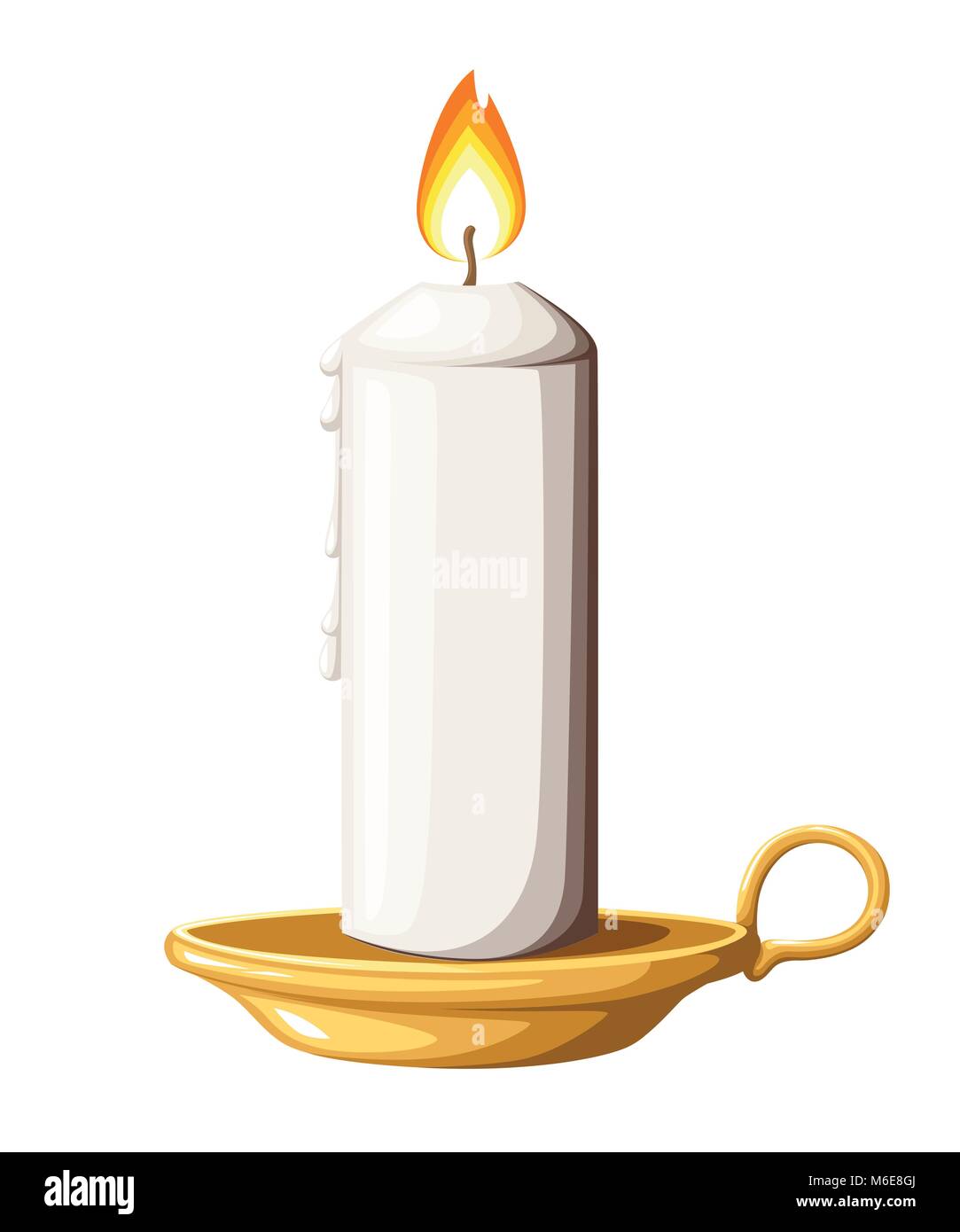 Burning white wax candle on candlestick. Glowing in flat style. Gold