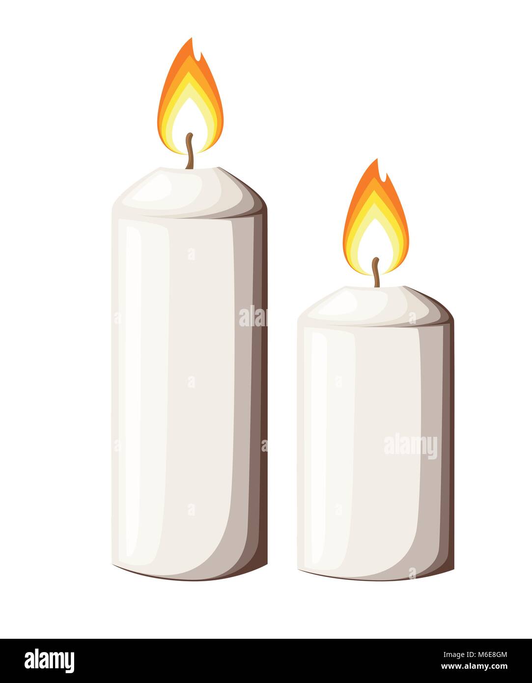 Two burning white wax candle . Glowing in flat style. Vector illustration isolated on white background Stock Vector