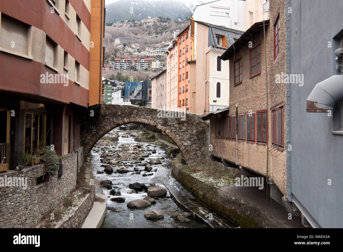 Residential buildings along a river in Escaldes-Engordany, Andorra Stock Photo