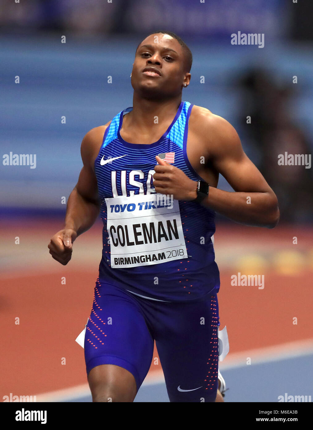 USA's Christian Coleman during day three of the 2018 IAAF Indoor World Championships at The Arena Birmingham. Stock Photo