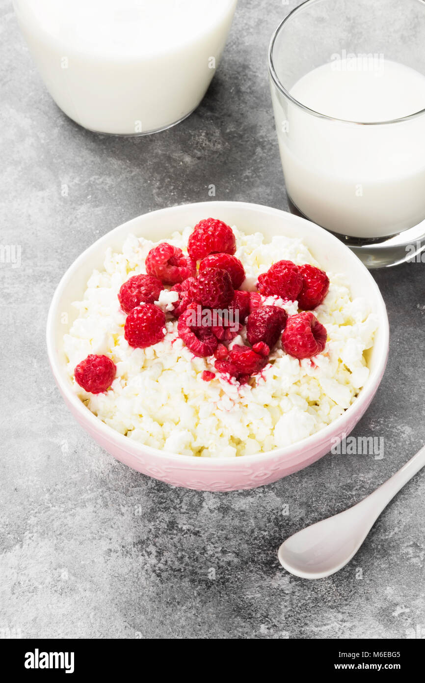 Cottage Cheese In Bowl With Frozen Raspberry And Milk In Glass On