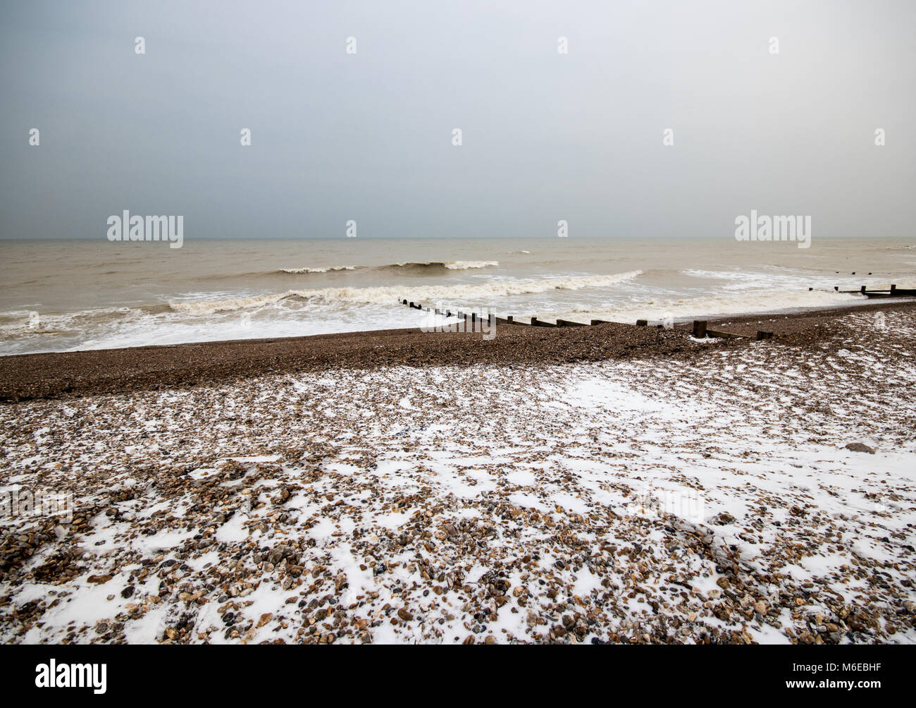 Wintry snow scene at Felpham seafront after the Beast from the East and