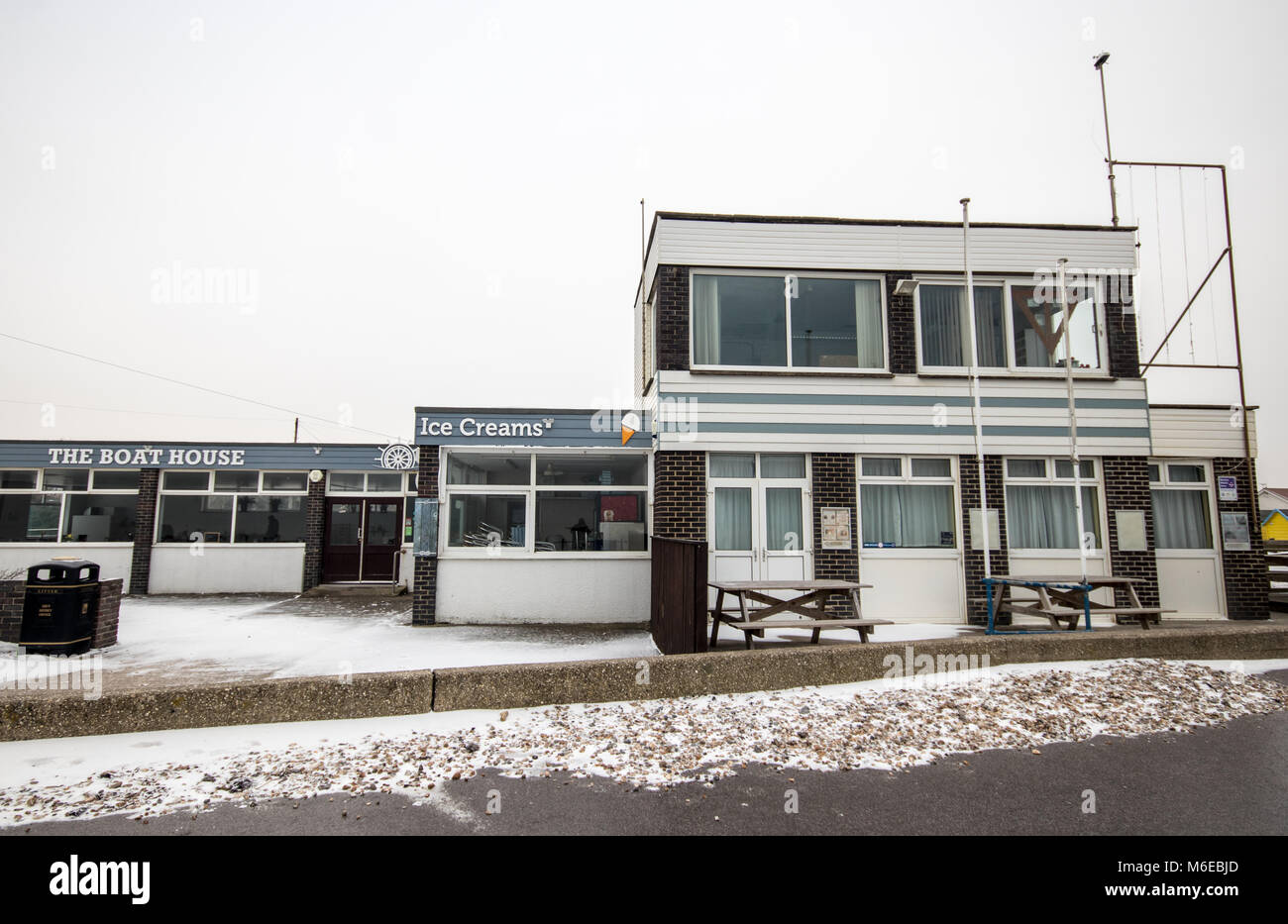 Wintry snow scene at Felpham seafront after the Beast from the East and
