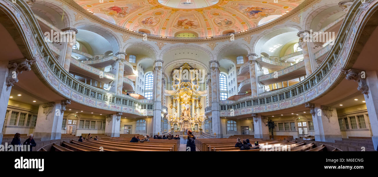 Inside panoramic view of dome of the Frauenkirche church in Dresden, Germany, one of the top attractions in the city. Stock Photo