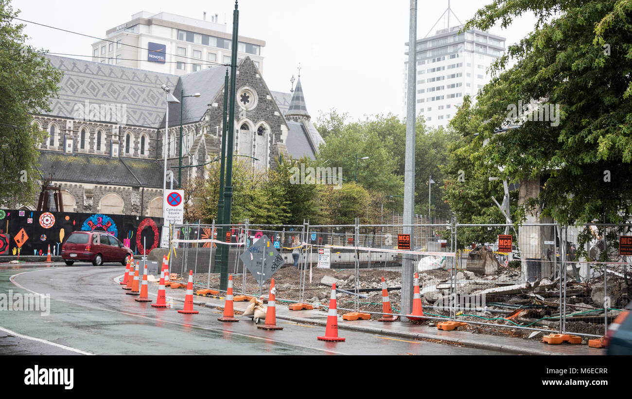 Rebuilding Following Earthquake Damage and Back of Cathedral , Christchurch, New Zealand Stock Photo