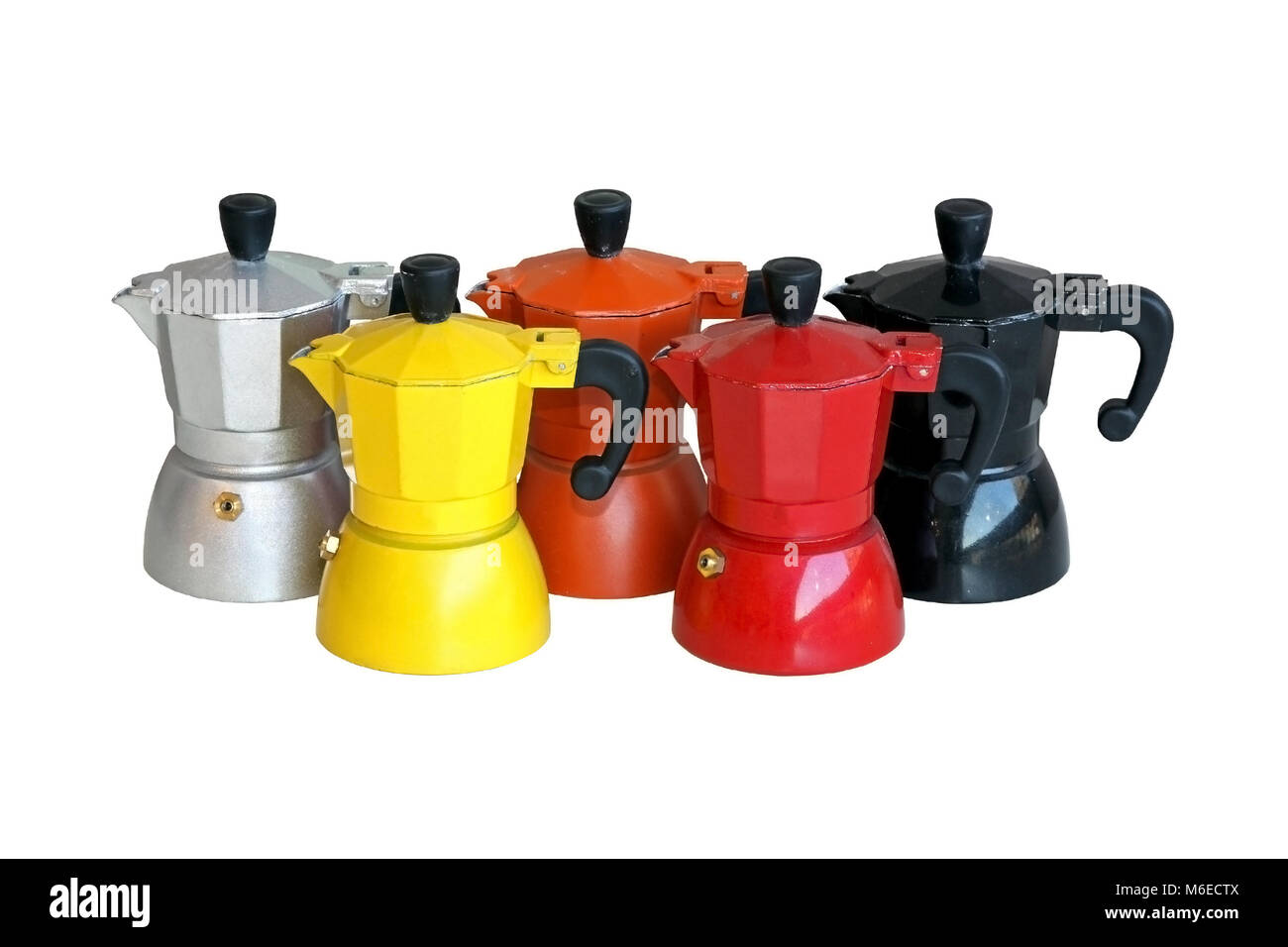 Bunch of colorful coffee pots isolated with clipping path included