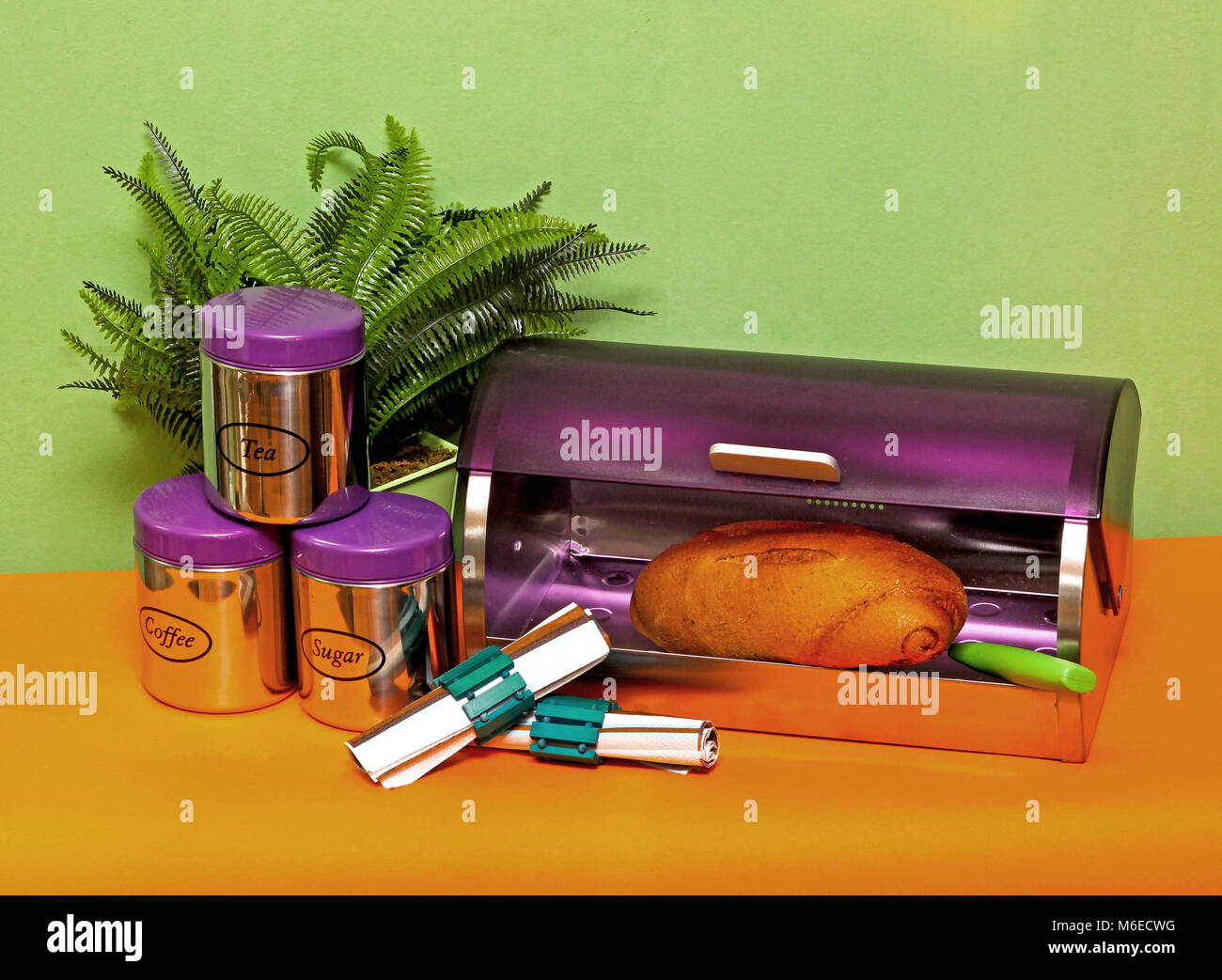 Plastic bread box with bread loaf inside Stock Photo Alamy