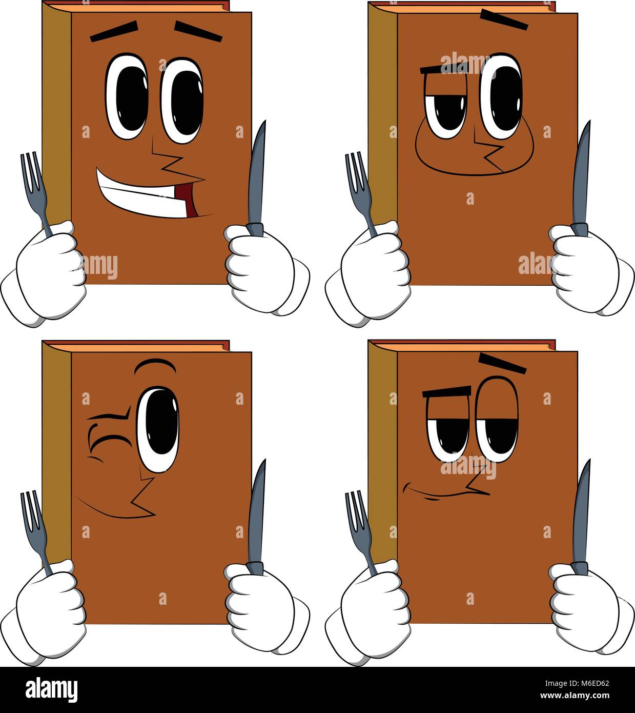 Books holding up a knife and fork. Cartoon book collection with happy