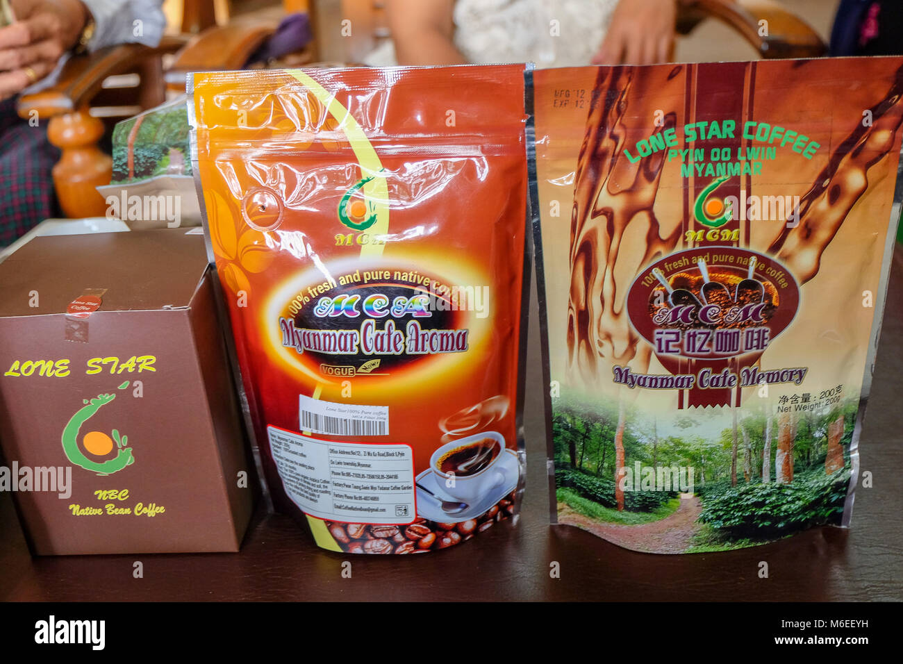 Pyin Oo Lwin, Myanmar June 10 2017. Local brands of Myanmar coffee