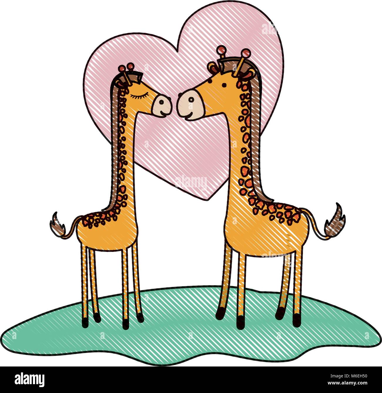 giraffes couple over grass in colored crayon silhouette on white background with heart Stock Vector
