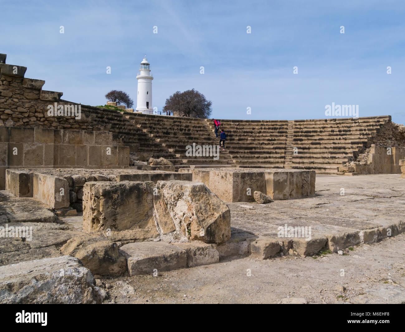 Remains of Odeon Theatre seating 1200 people Nea Pafos Archaelogical Park Kato Pafos Phaphos Southern Cyprus now used for outdoor entertainment Stock Photo