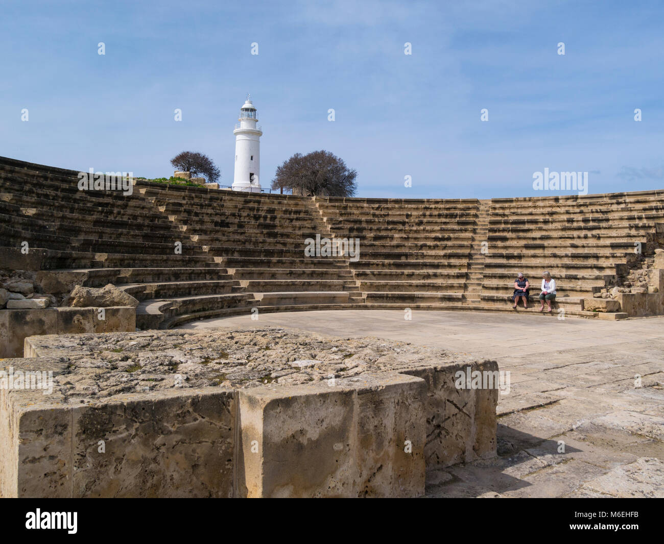 Remains of Odeon Theatre seating 1200 people Nea Pafos Archaelogical Park Kato Pafos Phaphos Southern Cyprus now used for outdoor entertainment Stock Photo