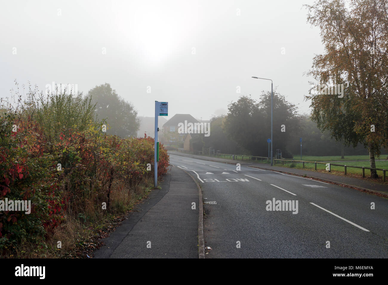UK village road with speed humps, trees, bushes and houses in the distance Stock Photo