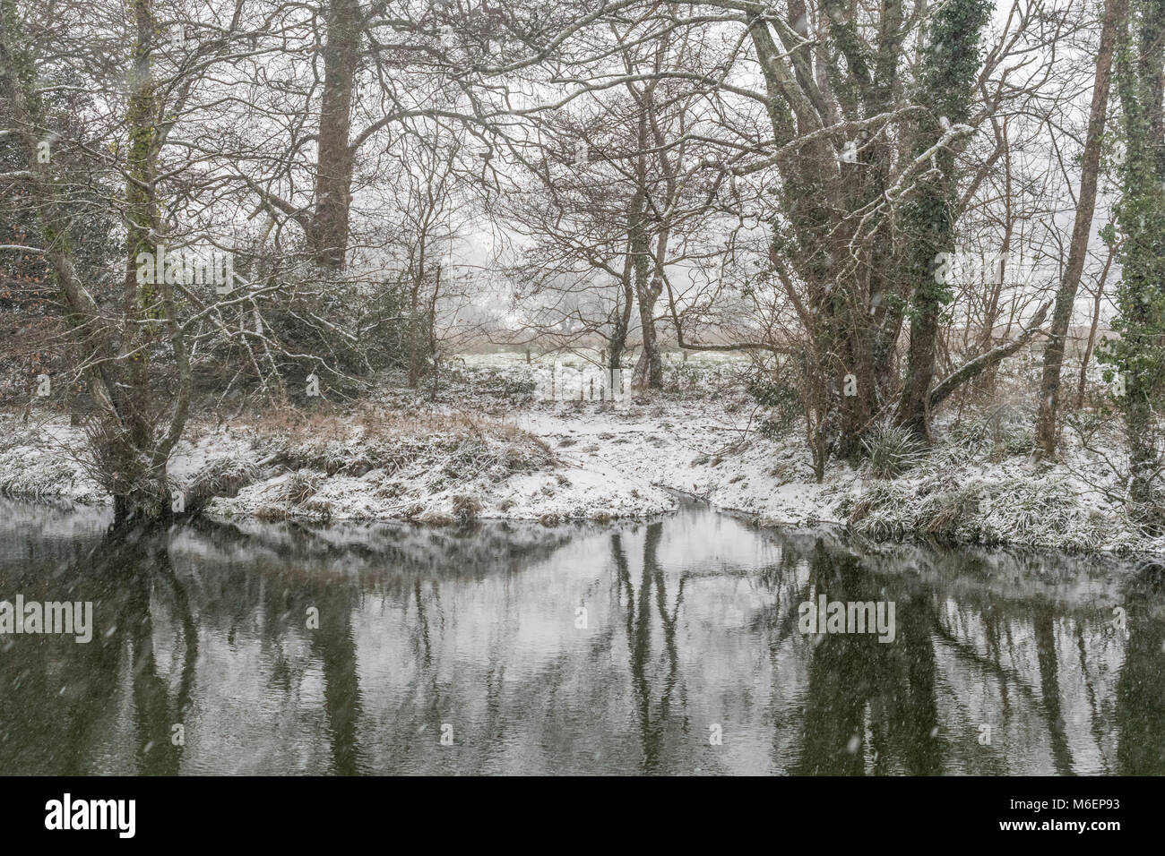 Snow dusted banks of the River Fowey at the Cornish town of Lostwithiel. Stock Photo