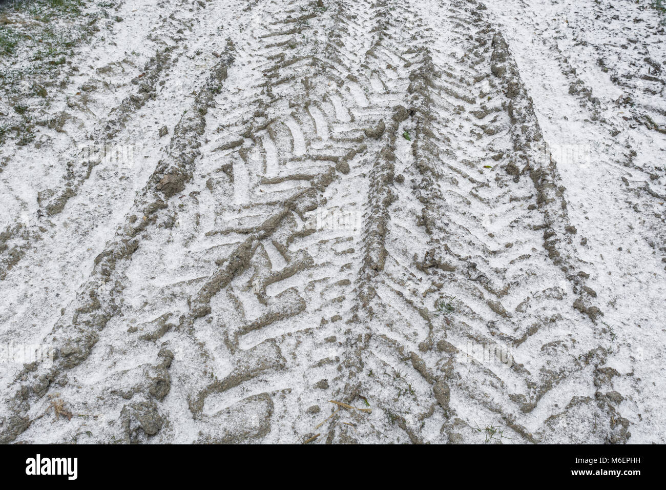 Snow covered tractor tyre tracks during 'Beast from the East' - potential for disrupting farming and agriculture. Stock Photo