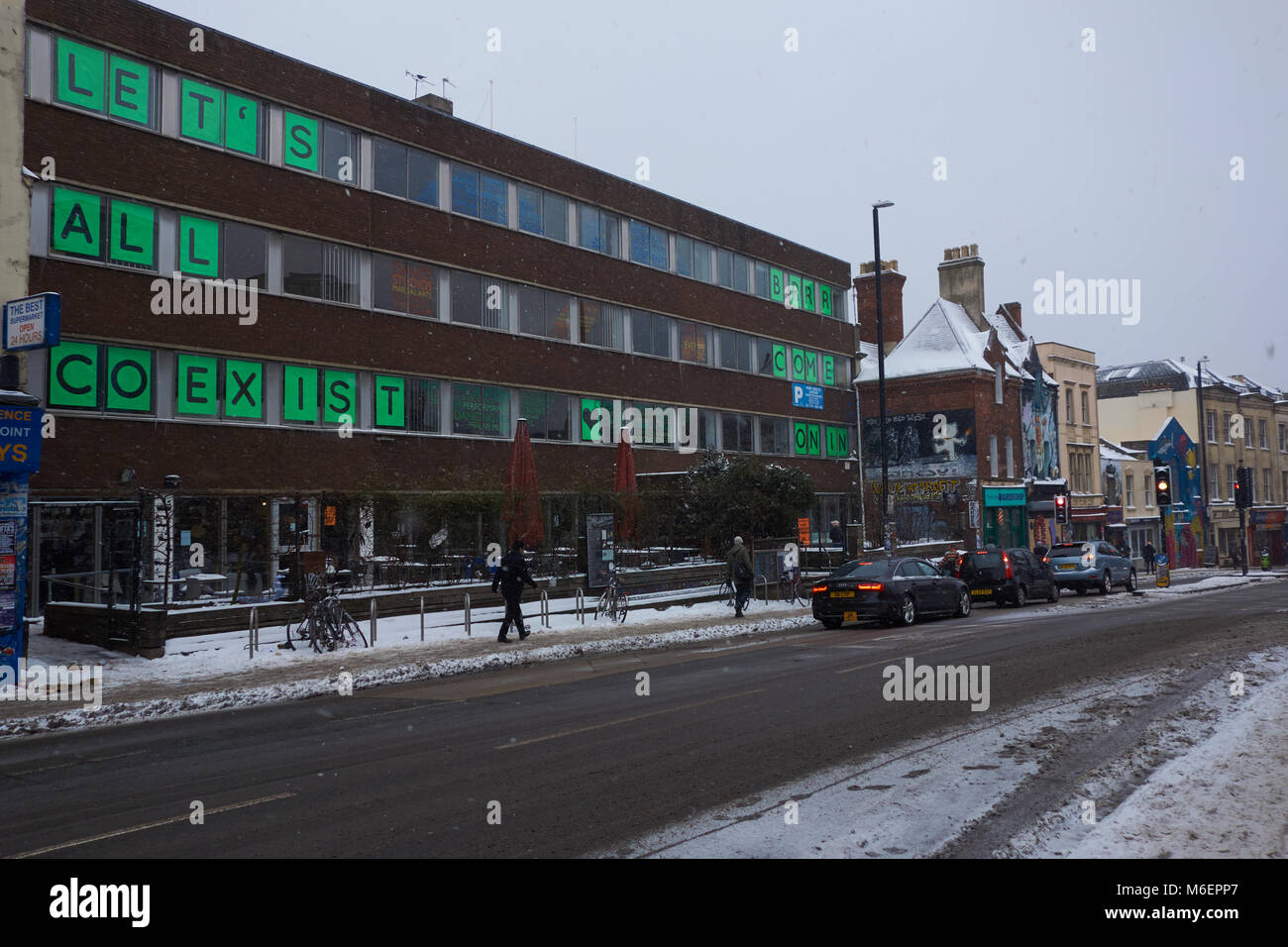 Hamilton House in Bristol during Storm Emma, with a sign in the window due to the cold weather Stock Photo