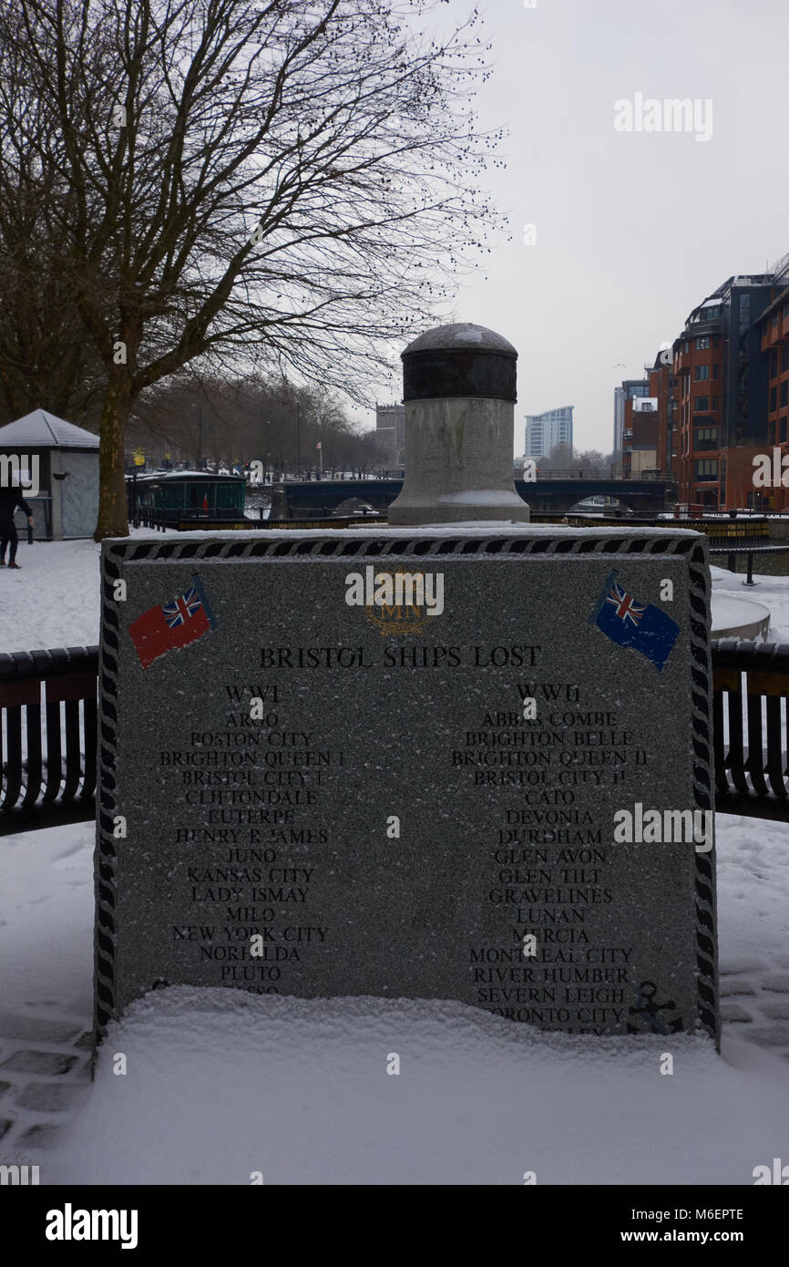 View of the Merchant Navy Association Bristol memorial covered in snow from Storm Emma Stock Photo