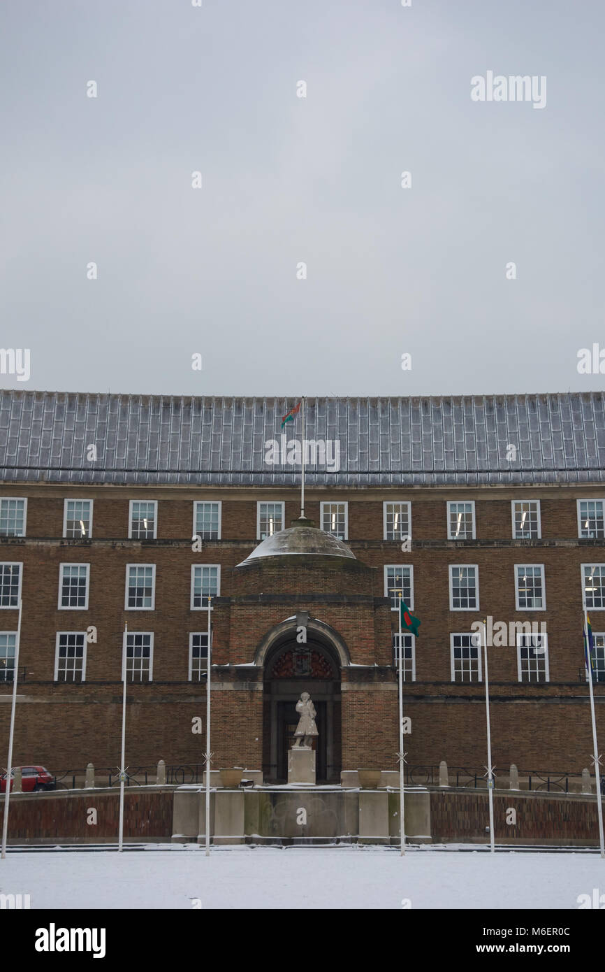 Front view of the Bristol City Council Building on College Green, Bristol, in snow from Storm Emma Stock Photo