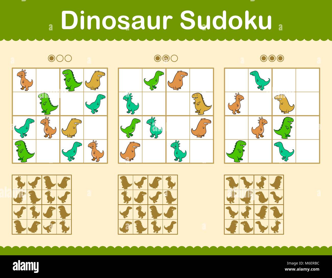 colorful sudoku puzzles with cartoon dinosaurs in three levels of grids easy medium and hard for kids to solve with the three solutions or combin stock vector image art alamy