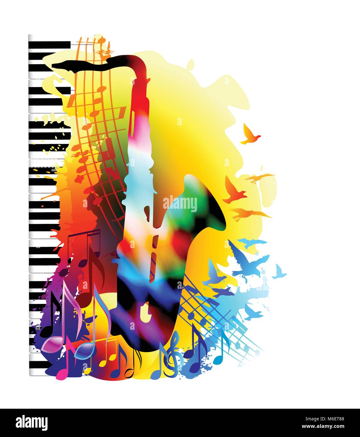Music festival background with saxophone and music notes. Colourful vector illustration. Digital painting Stock Vector