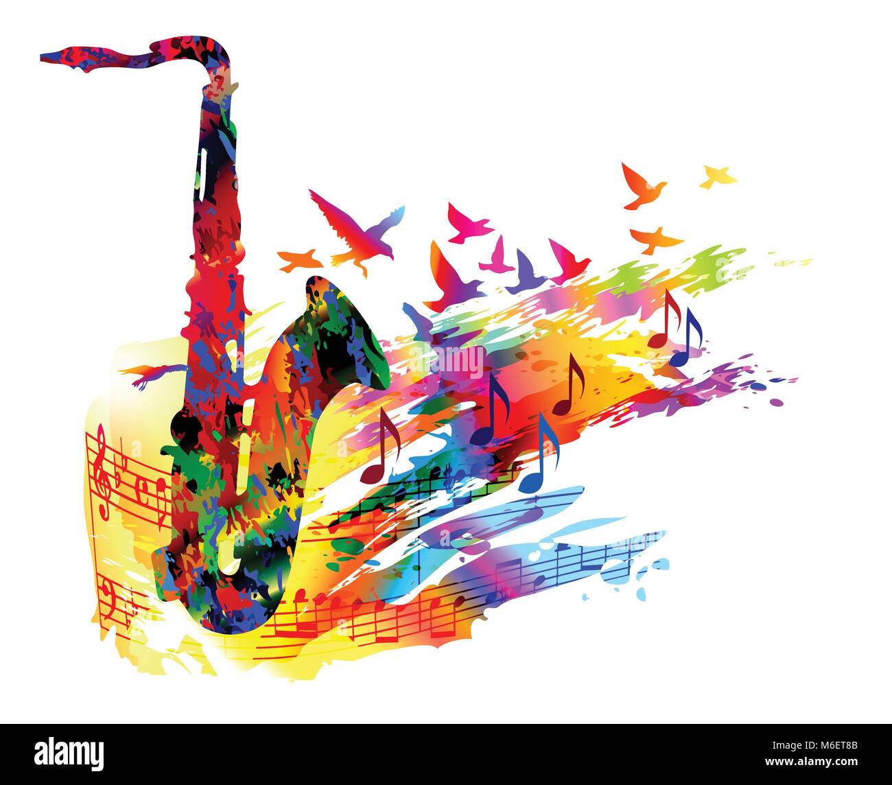 Music festival background with saxophone and flying birds. Colourful vector illustration. Digital painting Stock Vector