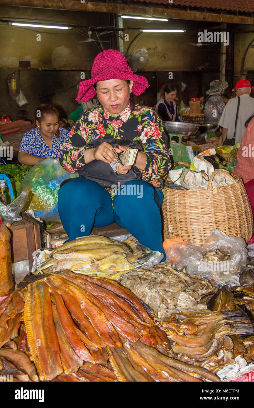 Woman, dried fish vendor counting money, Old Market, Siem Reap, Cambodia Stock Photo