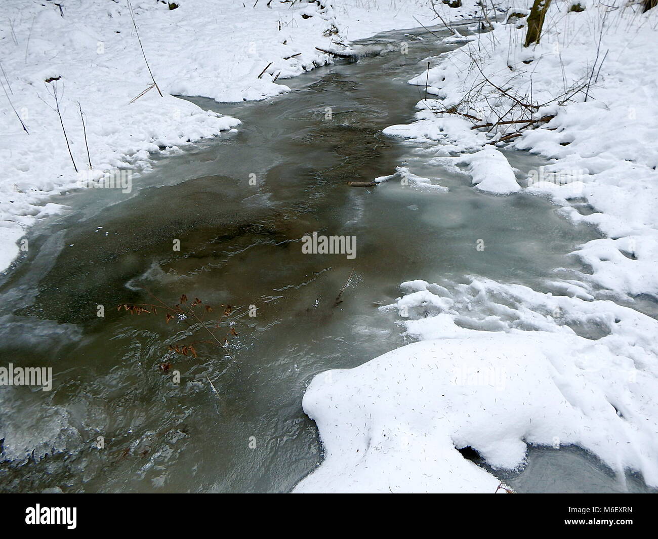 Frozen river in a forest, Ice - frozen river in winter - Big Fatra - Slovakia Stock Photo