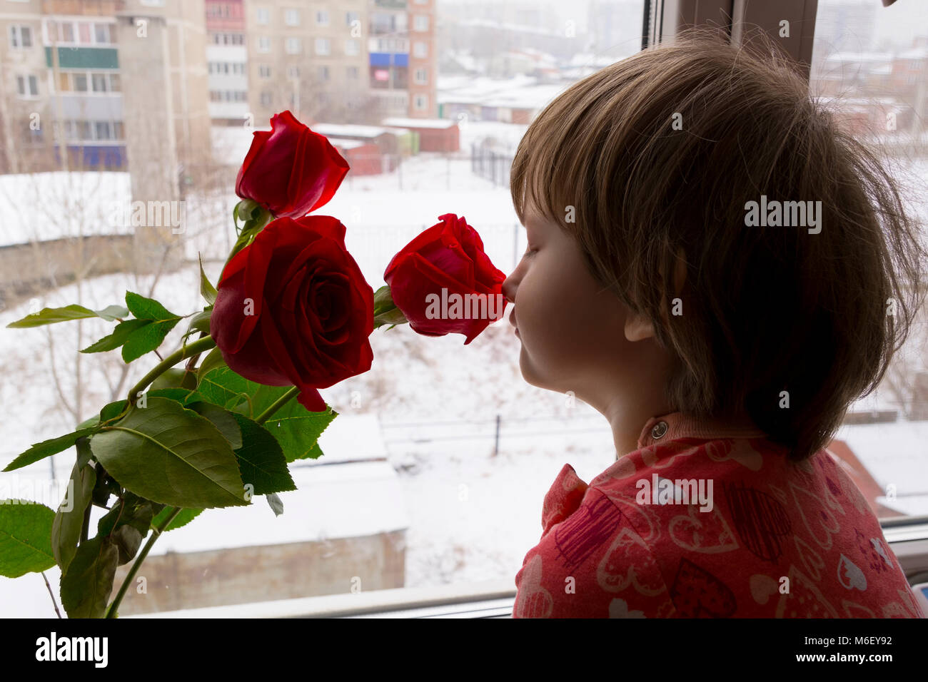 Cute little girl sniffing the scent of a rose Stock Photo - Alamy