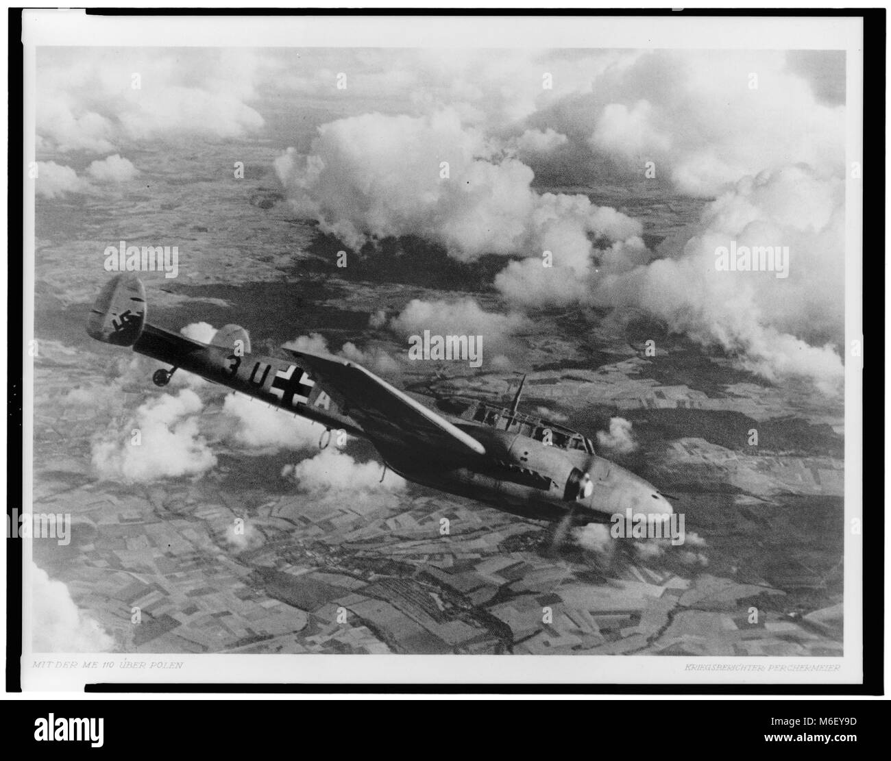 German Bf-110 in flight over Poland during the Nazi invasion, Poland, 09/1939. Stock Photo