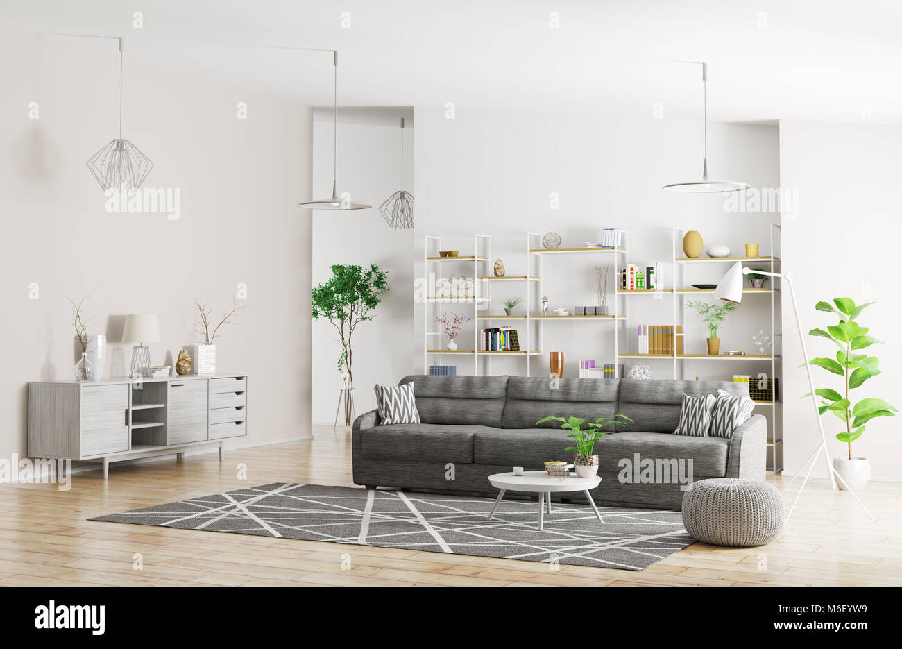 Interior of modern living room with sofa 3d rendering Stock Photo - Alamy
