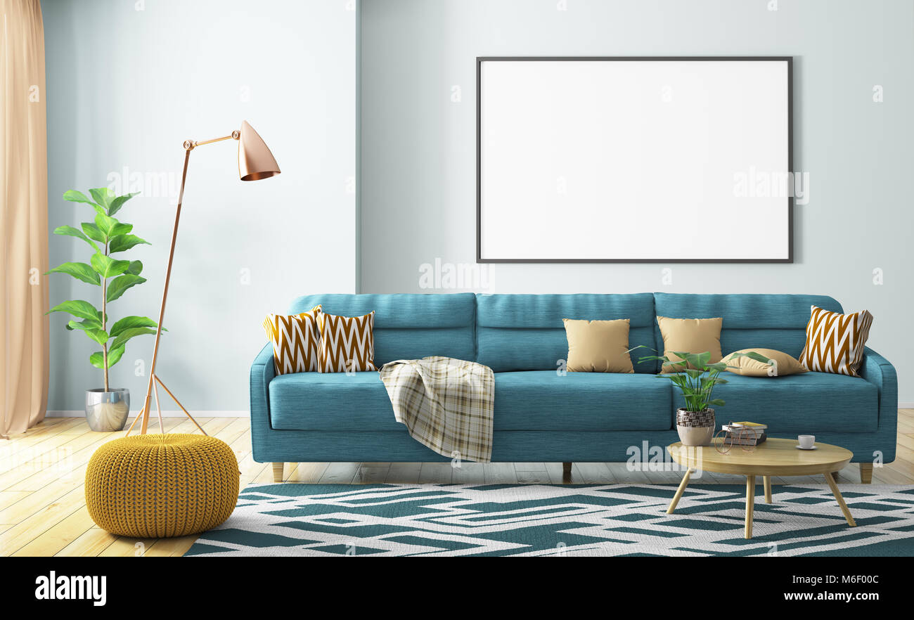 Modern interior of living room with turquoise sofa, yellow knitted pouf,  wooden coffee table and mock up poster on the wall 3d rendering Stock Photo  - Alamy