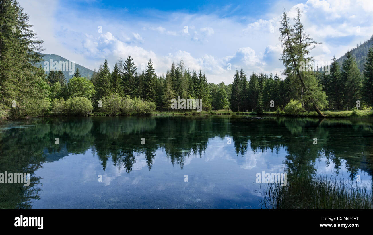 Panoramic view of a pristine, crystal clear, mountain lake with ...