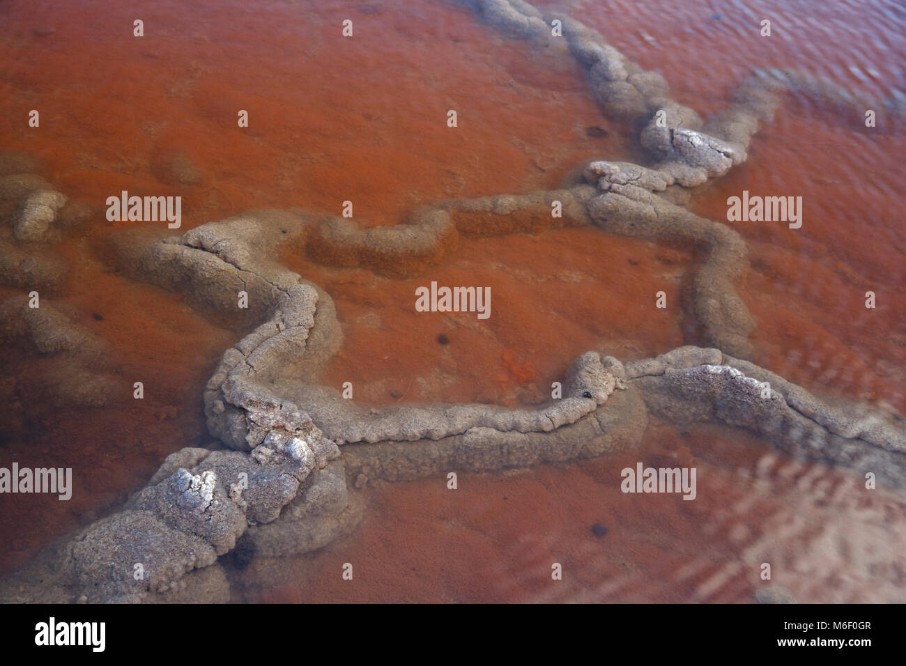 Salt pans with crystal structures  and red color in Fuencaliente (La Palma), Spain. Stock Photo