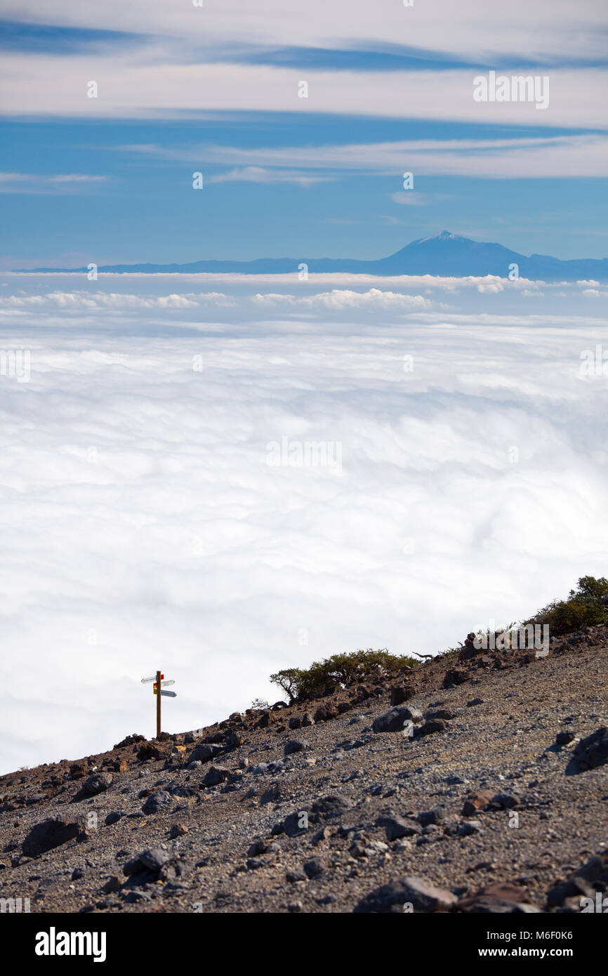 View from the Pico de la Nieve in La Palma, Spain to Tenerife like floating on clouds, a way sign in the foreground. Stock Photo
