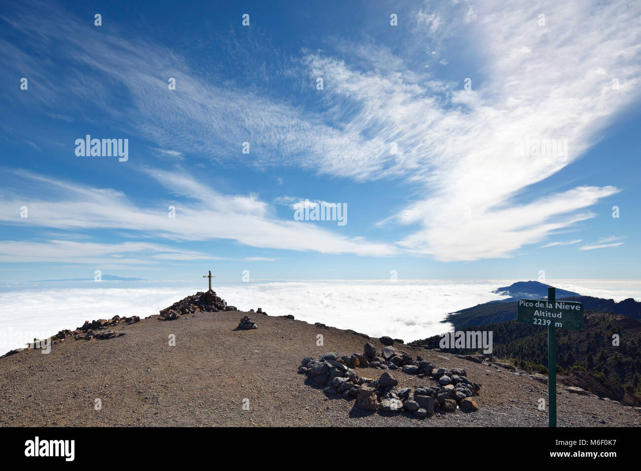 On top of the Pico de la Nieve in La Palma, Spain with view to Tenerife. Stock Photo