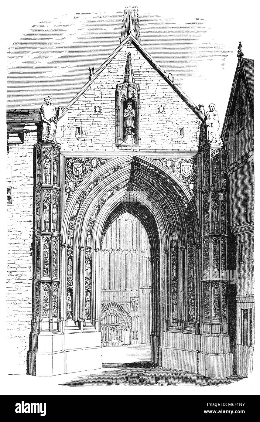 The Erpingham Gateway of Norwich Cathedral, Norfolk, England. It was  built 1416-1425, named after Sir Thomas Erpingham who died in 1428, having given money for construction and restored in 1955 in memory of John Henry Guy a Friend of Norwich.  The Norman Gothic Cathedral was begun in 1096 and completed in 1145. Stock Photo