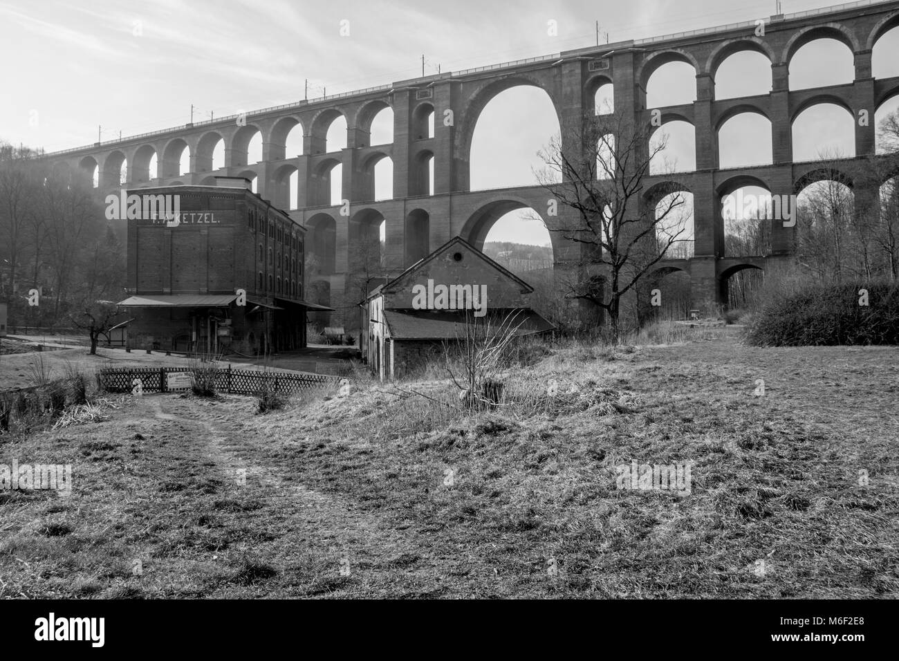 View to Goeltzsch Viaduct railway bridge in Saxony, Germany - World's largest brick bridge. Stock Photo