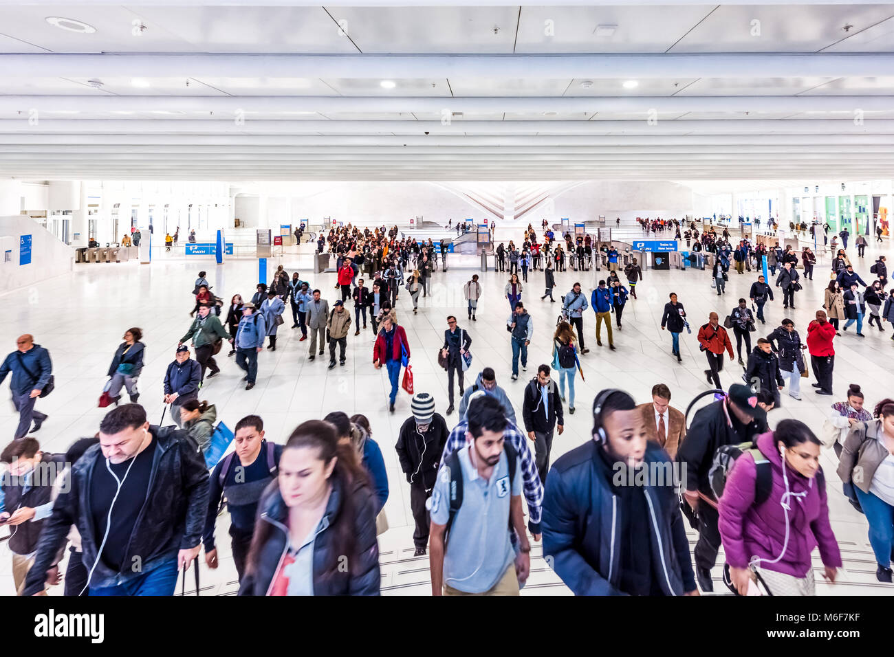 New York City, USA - October 30, 2017: People in The Oculus transportation hub at World Trade Center NYC Subway Station, commute, New Jersey PATH trai Stock Photo