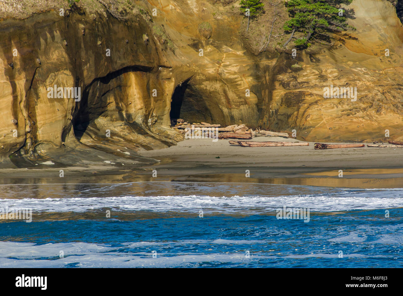 Pacific Ocean beach with cave and flotsam.  Oregon Stock Photo