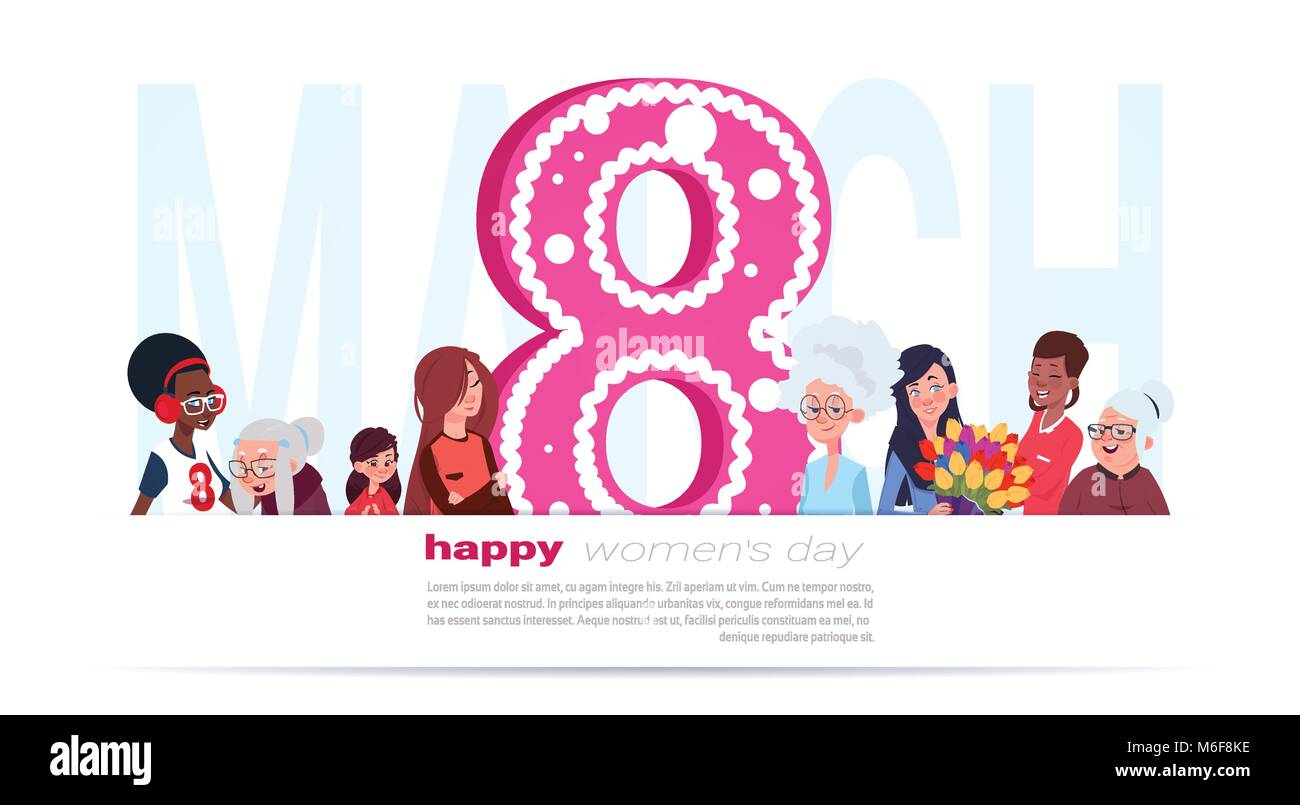 8 March Banner Happy International Women Day Poster With Mix Race