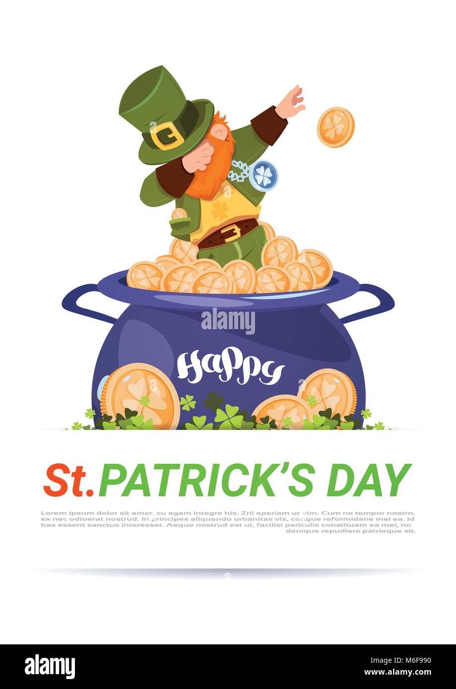 Leprechaun On POt With Golden Coins Over Happy St. Patricks Day ...