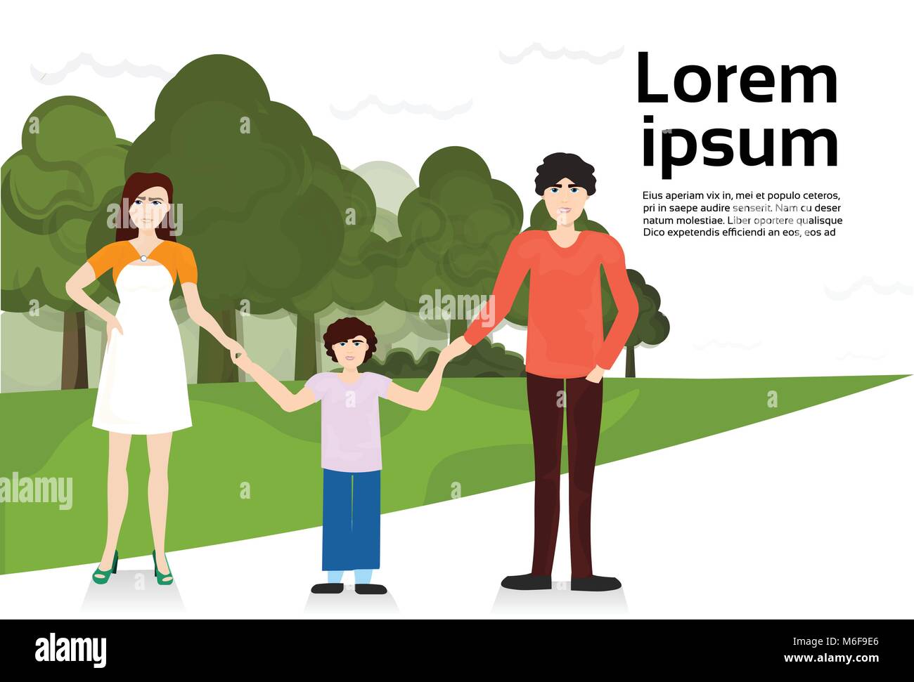 Parents With Son Walking In Urban Park Family Over Green Lawn And Trees On Template Background Stock Vector